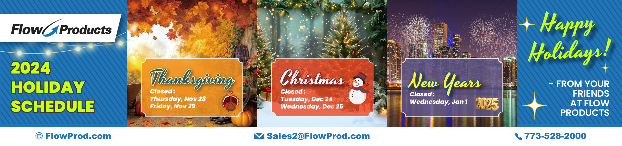 Flow products holiday calendar, hydraulic, and pneumatic parts